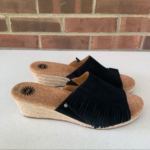 UGG Danes Black Suede Fringe Wedge Slide Sandals